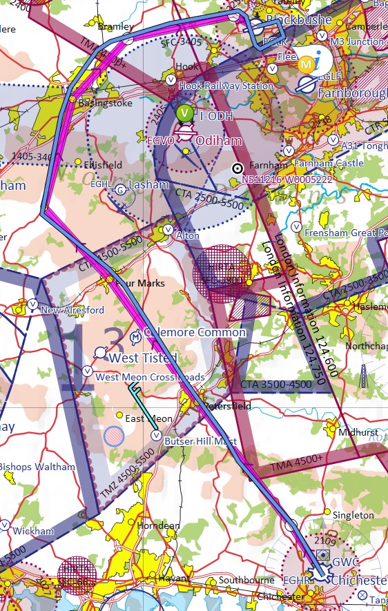 Goodwood to Blackbushe Airport SkyDemon track